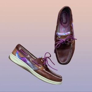 SPERRY Songfish Plaid Boat Shoe Loafer Purple Brown Leather - Women's Size 7